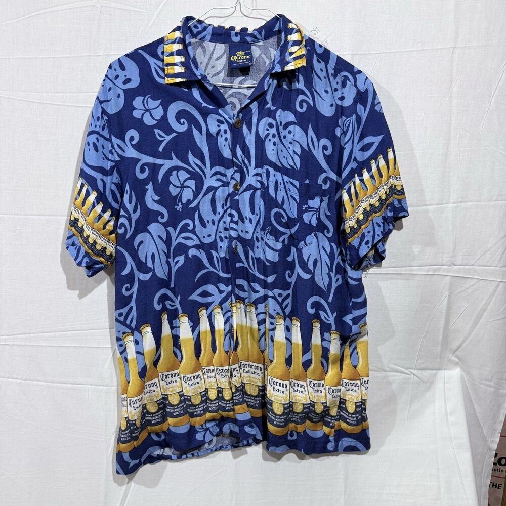 Corona Extra Hawaiian Shirt Mens Blue Short Sleeve Button Up Beer Size XL